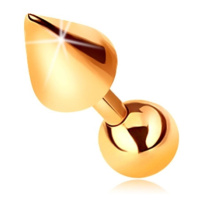 Zlatý 9K piercing - lesklá rovná činka s kuličkou a kuželem do tragu, 5 mm