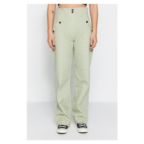Trendyol Light Khaki Cargo tkané knoflíkové detailní bavlněné kalhoty