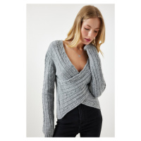Happiness İstanbul Women's Gray Wrapover Neck Seasonal Knitwear Sweater