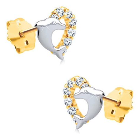 Náušnice ve 14K zlatě - dvoubarevný obrys srdce se zirkonovou polovinou a s delfínem Šperky eshop