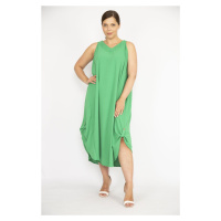Şans Women's Green Plus Size Aerobin Fabric Hem Epaulette Sleeveless Long Dress