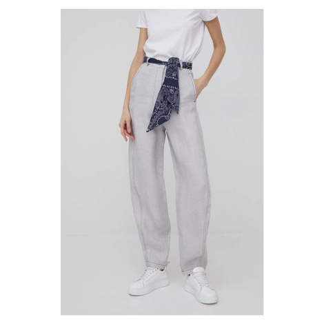 Kalhoty Emporio Armani dámské, šedá barva, široké, high waist