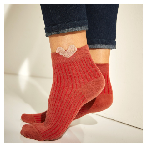 Blancheporte Sada 3 párů žebrovaných nízkých ponožek se třpytivým 3D motivem srdíčka terakota/re
