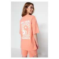 Trendyol Peach Unisex 100% Cotton Motto Printed T-shirt-Shorts Knitted Pajamas Set