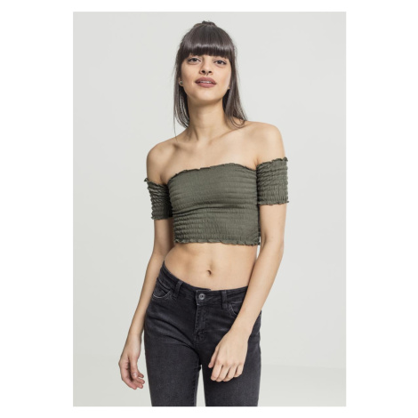 Dámské tričko // Urban classics Ladies Cropped Cold Shoulder Smoke Top olive