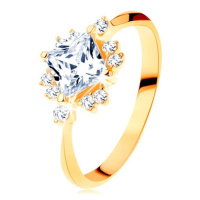 Zlatý prsten 585 - blýskavý broušený čtverec, drobné zirkonky čiré barvy