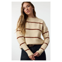 Trendyol Stone Boucle Striped Knitted Sweater