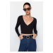 Trendyol Black Double Breasted Collar Lace Detailed Long Sleeve Crop Cotton Stretch Knit Blouse