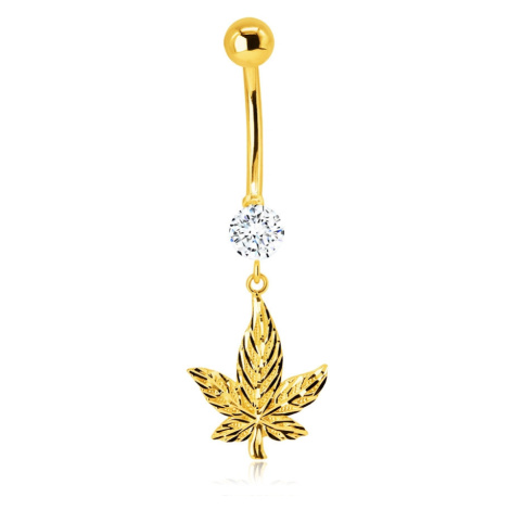 Piercing ze 14K žlutého zlata do bříška - blýskavý marihuanový list, třpytivý kulatý zirkon Šperky eshop