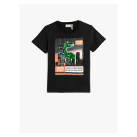 Koton Short Sleeved T-Shirt Crew Neck Dinosaur Print Cotton