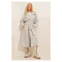 Trend Alaçatı Stili dámský šedý dvouřadý kabát s páskem v pase a vzorem rybí kosti