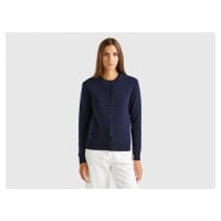 Benetton, Dark Blue Crew Neck Cardigan In Pure Merino Wool