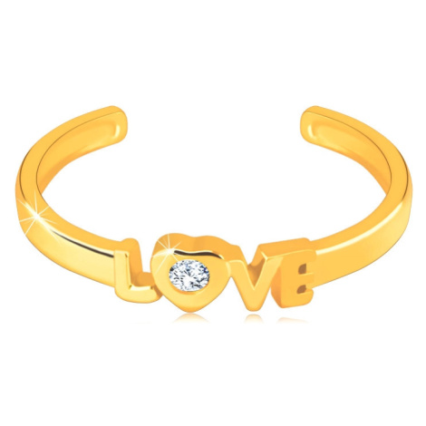 Prsten ze žlutého zlata 585 s otevřenými rameny - nápis "LOVE", kulatý čirý zirkon v srdíčku Šperky eshop