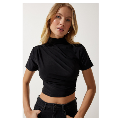Happiness İstanbul Women's Black Gathered High Neck Knitted Blouse