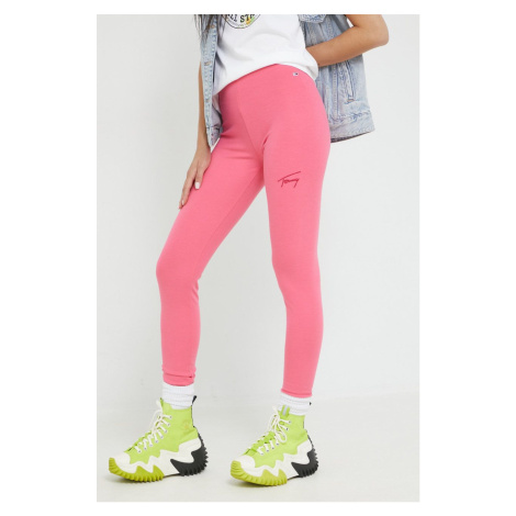 Legíny Tommy Jeans dámské, růžová barva, s aplikací Tommy Hilfiger