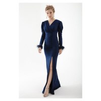 Lafaba Women's Navy Blue Double Breasted Collar Sleeves Feather Slit Evening Dress
