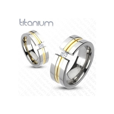 Prsten z titanu - dva zlaté pásy, zirkon Šperky eshop