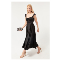 Černé dámské šaty Lafaba bez ramínek s rozšířeným střihem midi z hedvábí na večer.