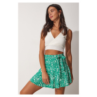 Happiness İstanbul Women's Green Belted Patterned Mini Viscose Shorts Skirt