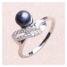 Prsten stříbrný s černou perlou a zirkony Ag 925 017135 BP - 59 mm , 3,0 g