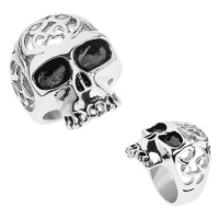 Ocelový prsten stříbrné barvy, lebka s ozdobnými výřezy