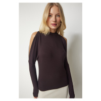Happiness İstanbul Women's Dark Brown Stand-Up Collar Open-Shoulder Knitwear Blouse