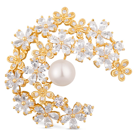 JwL Luxury Pearls Třpytivá pozlacená brož 2v1 s pravou perlou a krystaly JL0730