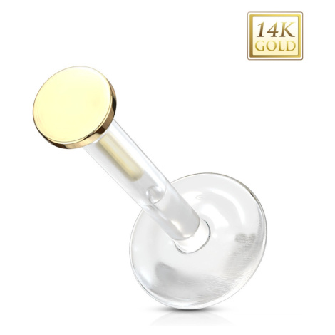 Piercing ze žlutého 14K zlata do ucha, chrupavky, rtu - průhledný Bioflex, hladký kroužek, 2 mm Šperky eshop