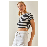 XHAN Black Crew Neck Side Gathered Striped Camisole Crop Blouse