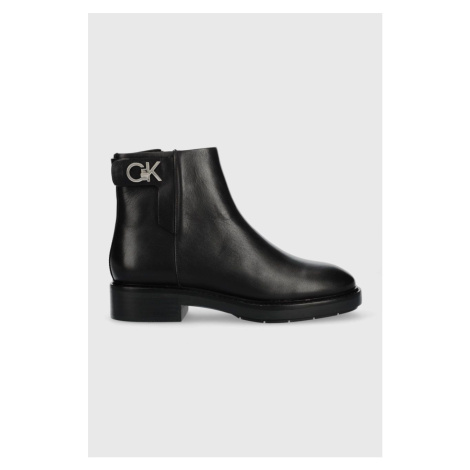Kožené kotníkové boty Calvin Klein Rubber Sole Ankle Boot dámské, černá barva, na plochém podpat