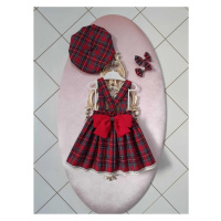 N7995 Dewberry Baby Plaid Salopette Dress & Hat & Buckle Set-RED