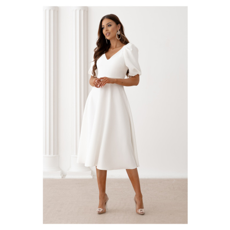 Lacoria Bílé midi šaty s balonovými rukávy