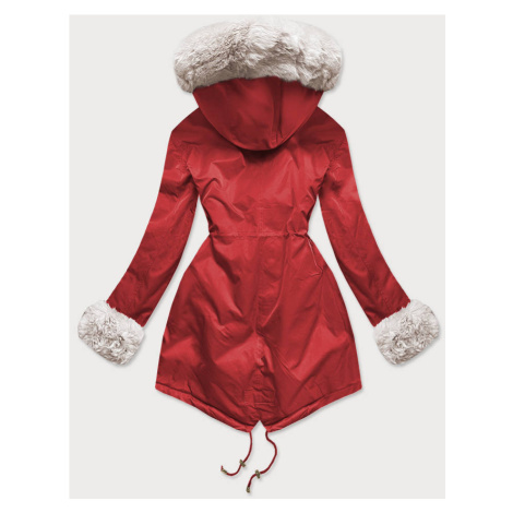 Červeno-ecru dámská zimní bunda parka s mechovitým kožíškem (B530-4046) S'WEST