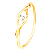 Zlatý prsten 585 - čirý kulatý zirkon mezi dvěma tenkými vlnkami