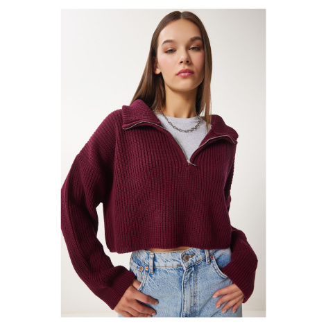 Happiness İstanbul Women's Burgundy Zippered Turtleneck Knitwear Sweater