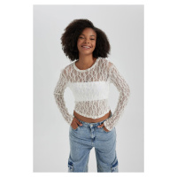 DEFACTO Fitted Crop Long Sleeve Lace T-Shirt