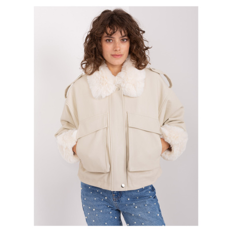 Světle béžová koženková zimní bunda s kožíškem -light beige BASIC