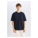 DEFACTO Men's Navy Blue Boxy Fit Wide Cut Crew Neck Cotton Short Sleeve Basic T-Shirt