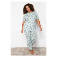 Trendyol Curve Mint Buttoned Flower Patterned Knitted Pajamas Set