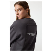 Trendyol Anthracite Regular/Normal Pattern Front and Back Printed Thick Polar Fleece Knitted Swe