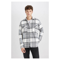 DEFACTO Men's Gray Regular Fit Regular Cut Polo Collar Plaid Lumberjack Flannel Long Sleeve Shir