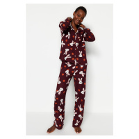 Trendyol Burgundy Rabbit Patterned Shirt-Pants Woven Pajamas Set