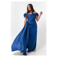 Lafaba dámské indigo šaty s lodním límcem, dlouhé saténové večerní šaty a plesové šaty