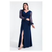 Lafaba Women's Navy Blue V-Neck Plus Size Long Evening Dress with Stony Slit on the Sleeves