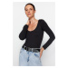 Trendyol Black Slim Snap Button Fastener Crew Neck Long Sleeved Soft Fabric Flexible Knitted Bod