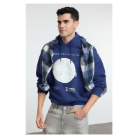 Trendyol Navy Blue Oversize/Wide Cut Hooded Fleece Inside Printed Sweatshirt