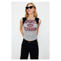 Trendyol Gray Melange Color Block Slogan Printed Fitted/Situated Crop Knitted T-Shirt