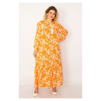 Şans Women's Plus Size Orange Woven Viscose Fabric Multilayered Long Sleeve Dress