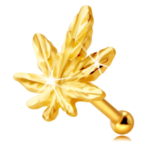 Piercing do nosu ze 14K žlutého zlata - kontura marihuanového listu, drobné žilky Šperky eshop