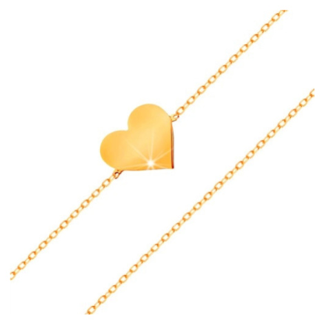 Náramek ve žlutém 14K zlatě - blýskavý tenký řetízek, přívěsek - ploché srdíčko Šperky eshop